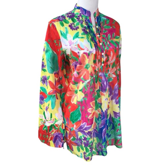 Lauren Ralph Lauren Floral Pin Tuck Cotton Tunic Blouse Size SP - Picture 3 of 10